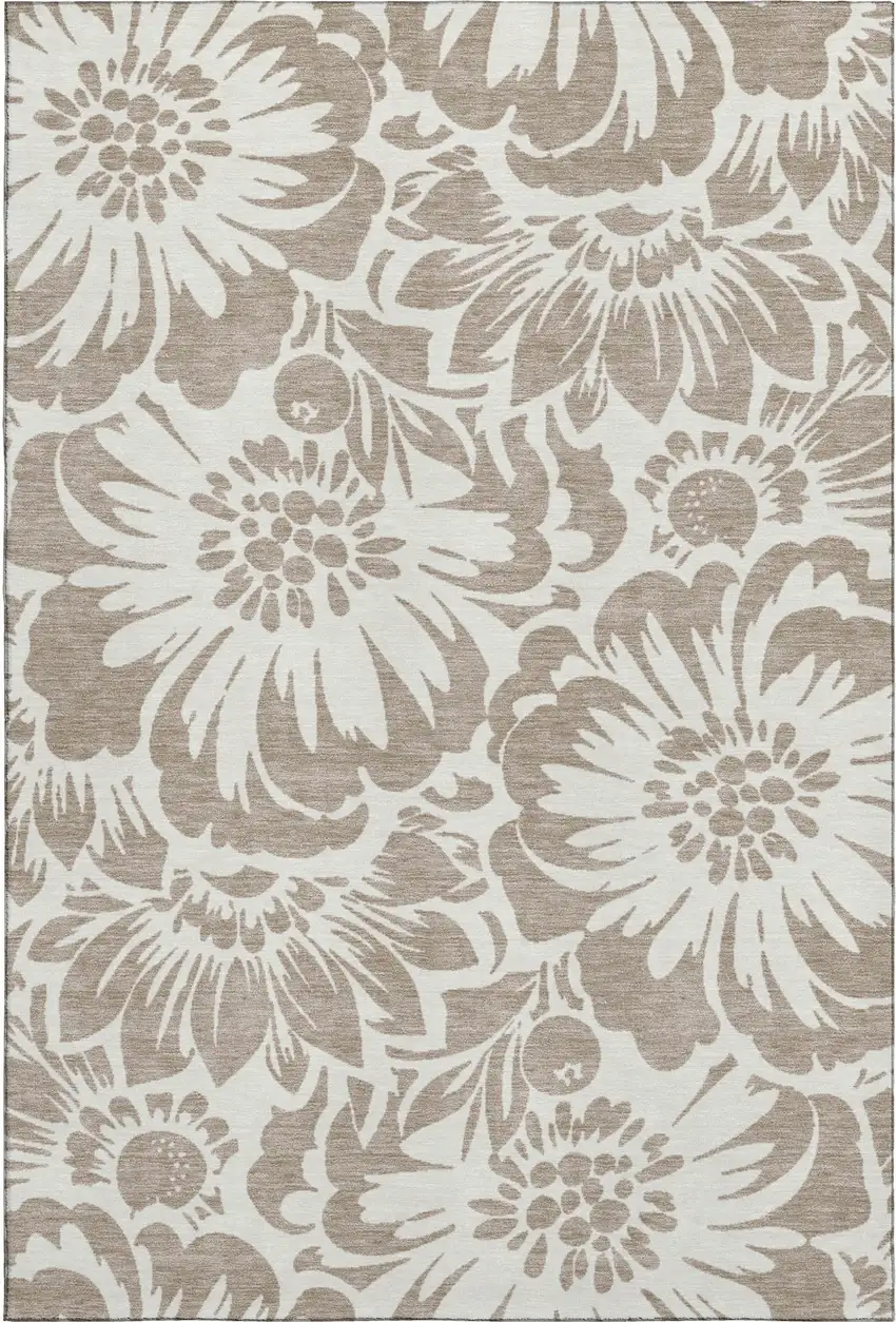 Taupe And Ivory Floral Washable Area Rug With UV Protection Photo 1