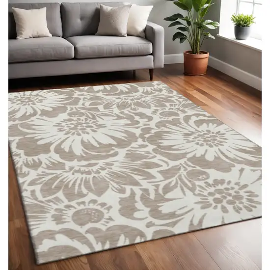 Taupe And Ivory Floral Washable Area Rug With UV Protection Photo 2
