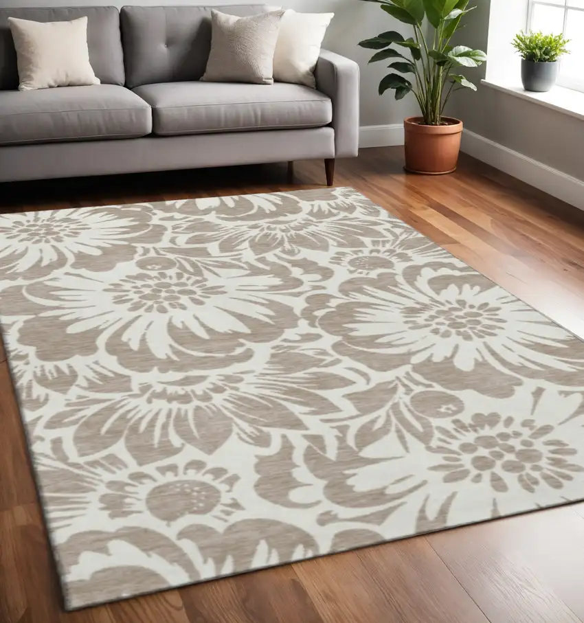Taupe And Ivory Floral Washable Area Rug With UV Protection Photo 2