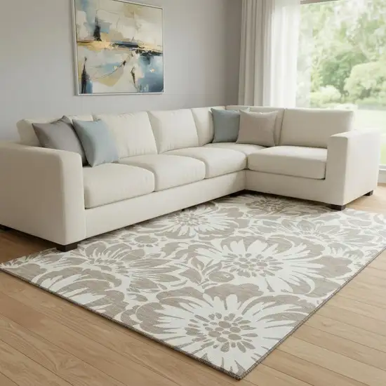 Taupe And Ivory Floral Washable Area Rug With UV Protection Photo 1