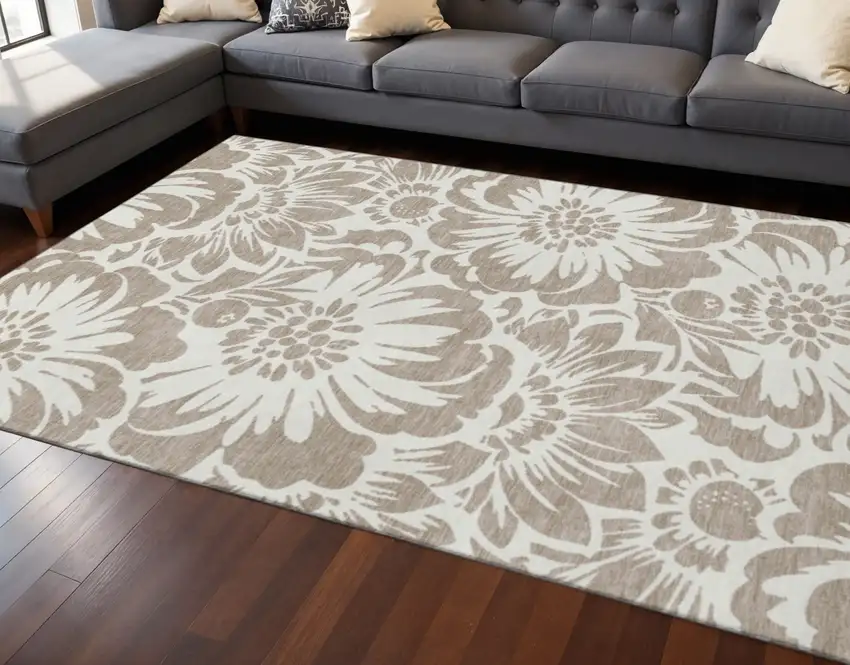 Taupe And Ivory Floral Washable Area Rug With UV Protection Photo 2