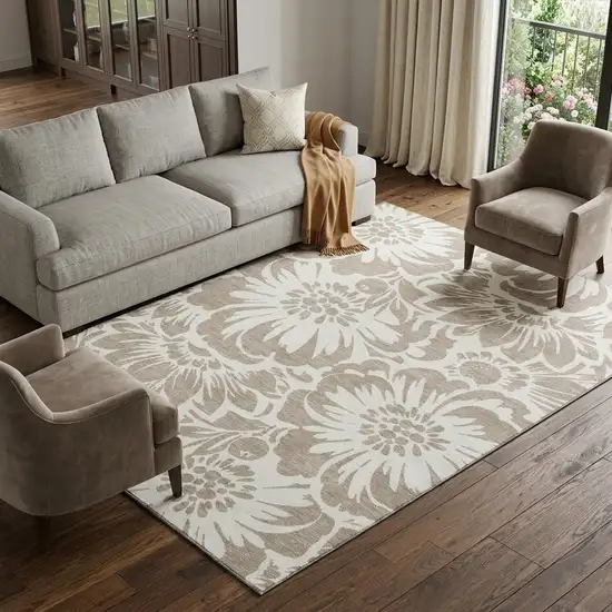 Taupe And Ivory Floral Washable Area Rug With UV Protection Photo 1
