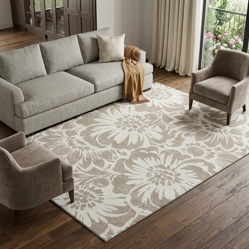 Taupe And Ivory Floral Washable Area Rug With UV Protection Photo 1