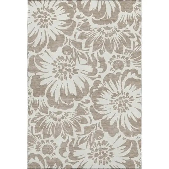 Taupe And Ivory Floral Washable Area Rug With UV Protection Photo 1