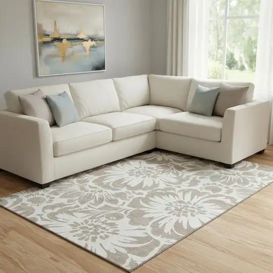 Taupe And Ivory Floral Washable Area Rug With UV Protection Photo 1