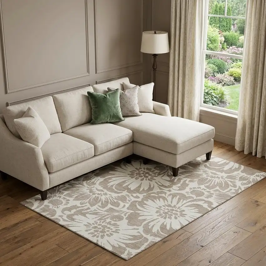 Taupe And Ivory Floral Washable Area Rug With UV Protection Photo 1