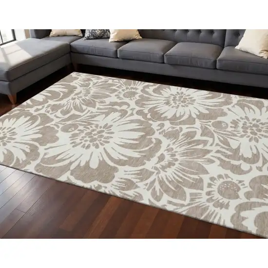 Taupe And Ivory Floral Washable Area Rug With UV Protection Photo 2