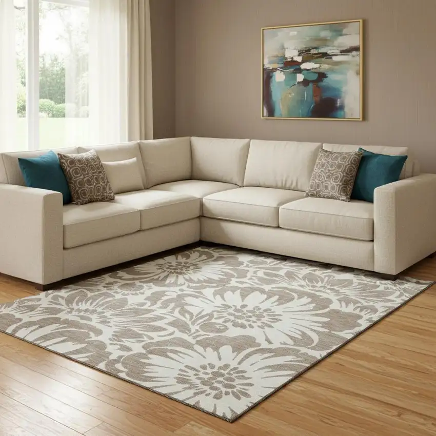 Taupe And Ivory Floral Washable Area Rug With UV Protection Photo 1