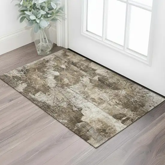 Taupe And Ivory Floral Washable Area Rug With UV Protection Photo 1