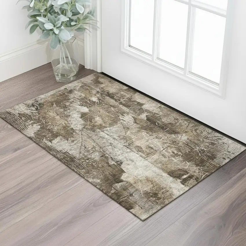 Taupe And Ivory Floral Washable Area Rug With UV Protection Photo 1