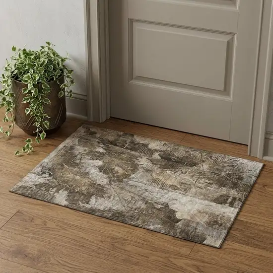 Taupe And Ivory Floral Washable Area Rug With UV Protection Photo 1