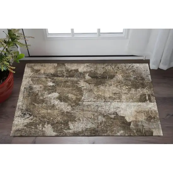 Taupe And Ivory Floral Washable Area Rug With UV Protection Photo 2