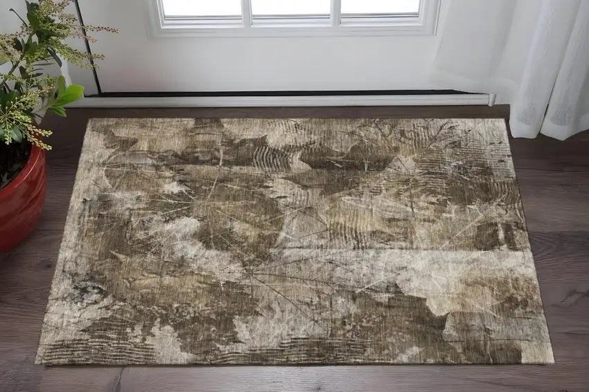 Taupe And Ivory Floral Washable Area Rug With UV Protection Photo 2