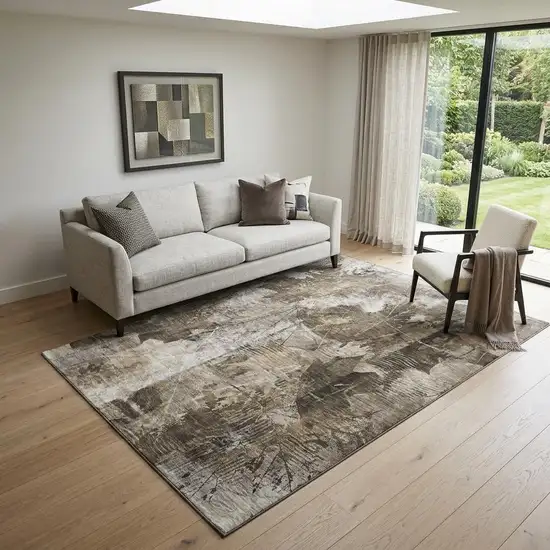 Taupe And Ivory Floral Washable Area Rug With UV Protection Photo 1