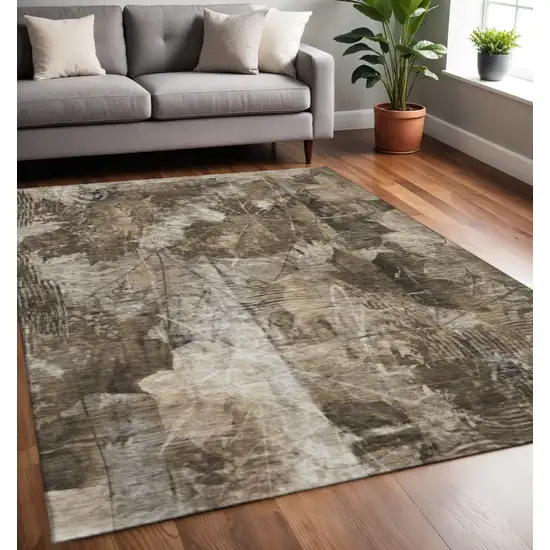 Taupe And Ivory Floral Washable Area Rug With UV Protection Photo 2