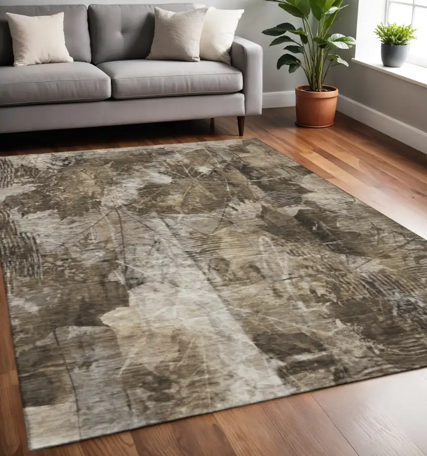 Taupe And Ivory Floral Washable Area Rug With UV Protection Photo 2