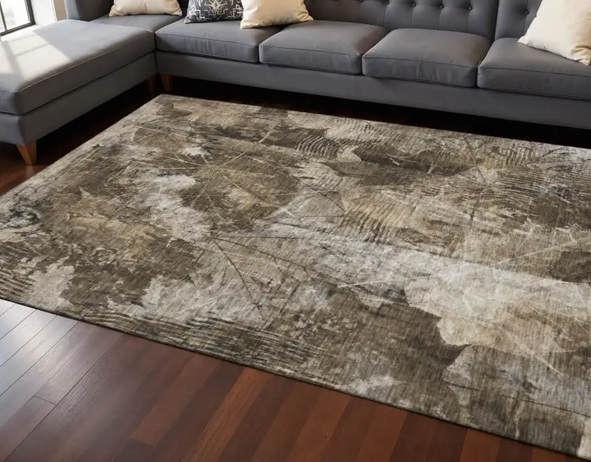 Taupe And Ivory Floral Washable Area Rug With UV Protection Photo 2