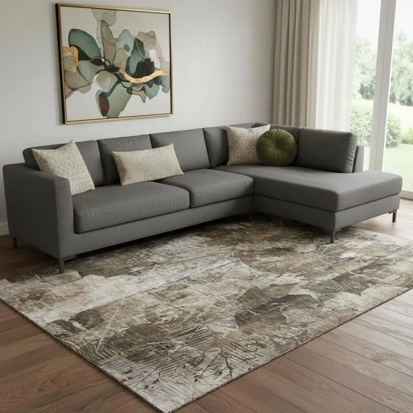 Taupe And Ivory Floral Washable Area Rug With UV Protection Photo 1