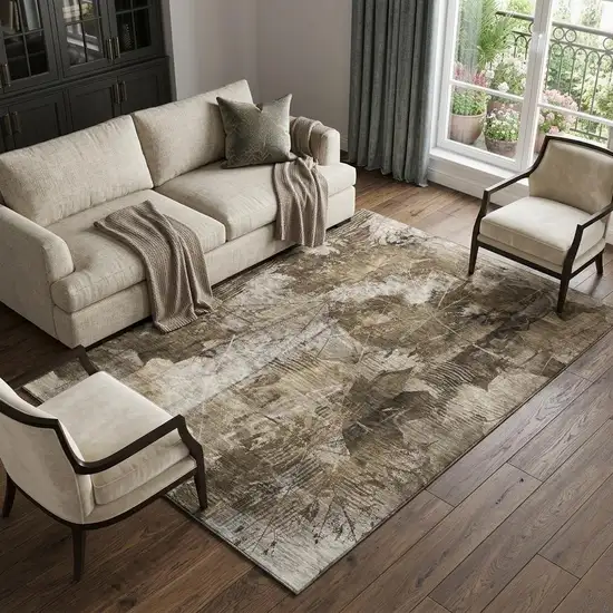 Taupe And Ivory Floral Washable Area Rug With UV Protection Photo 1