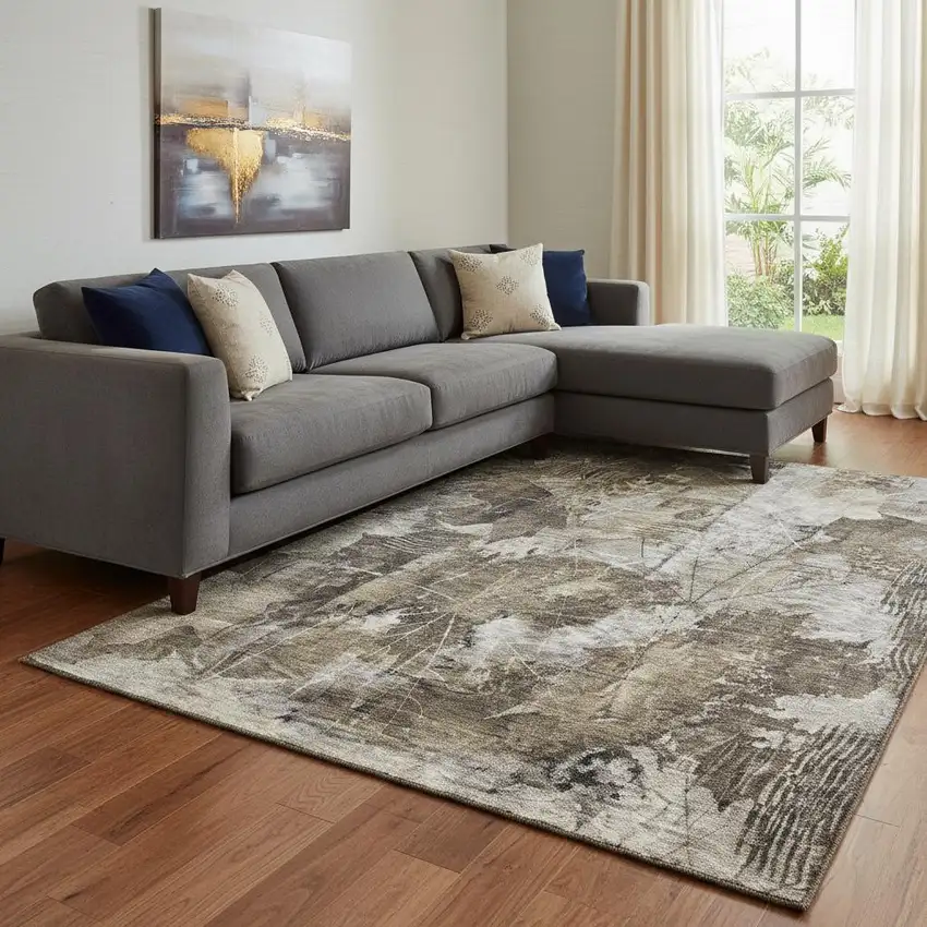 Taupe And Ivory Floral Washable Area Rug With UV Protection Photo 1