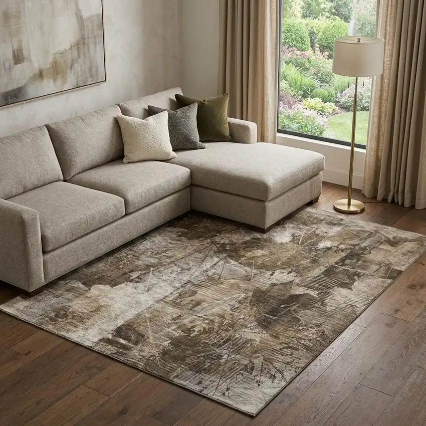 Taupe And Ivory Floral Washable Area Rug With UV Protection Photo 1