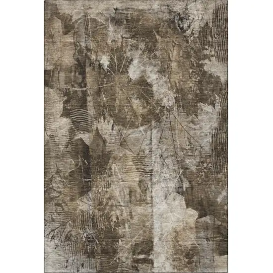 Taupe And Ivory Floral Washable Area Rug With UV Protection Photo 4