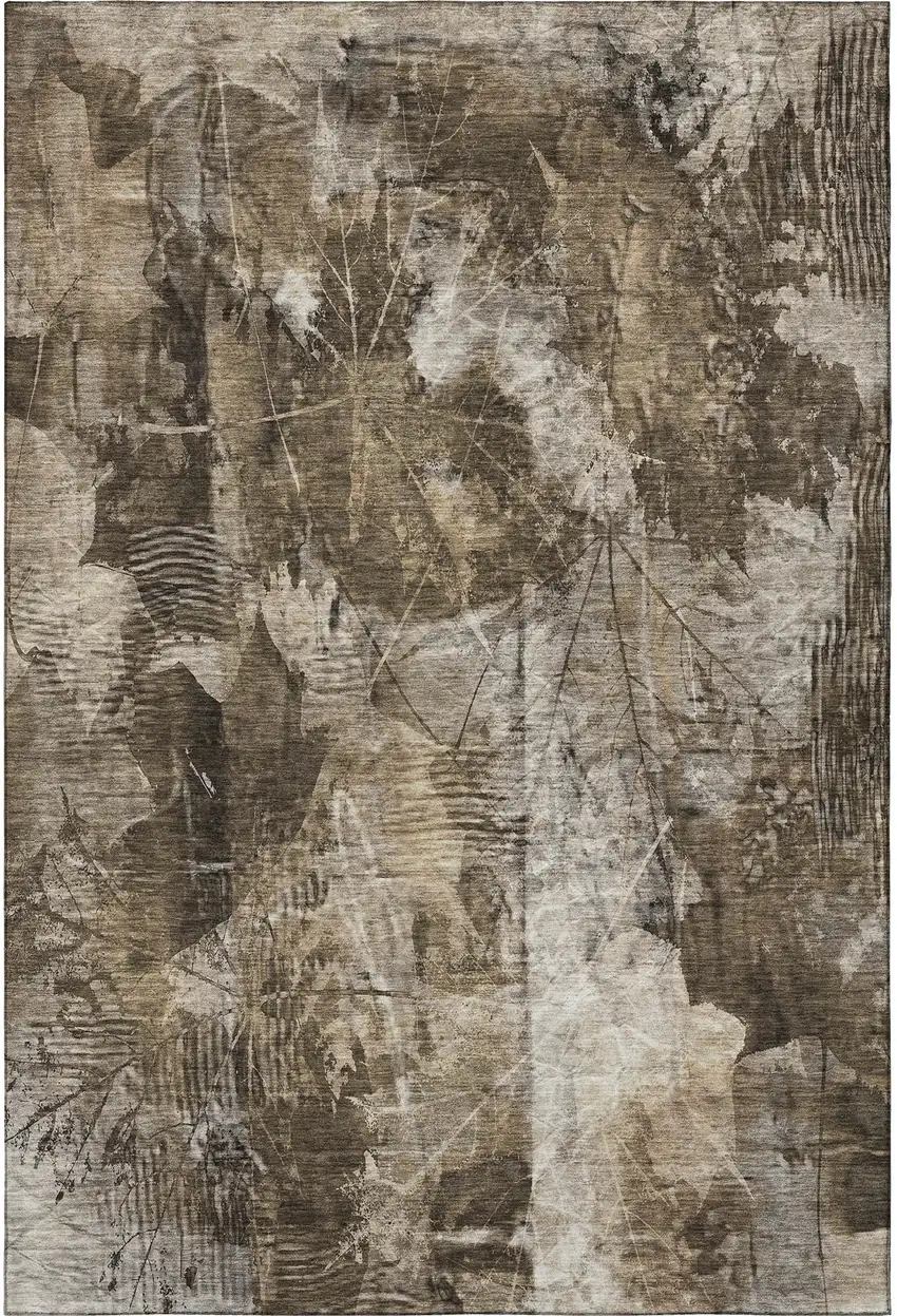 Taupe And Ivory Floral Washable Area Rug With UV Protection Photo 4