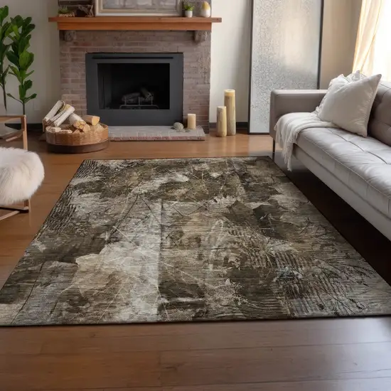 Taupe And Ivory Floral Washable Area Rug With UV Protection Photo 6