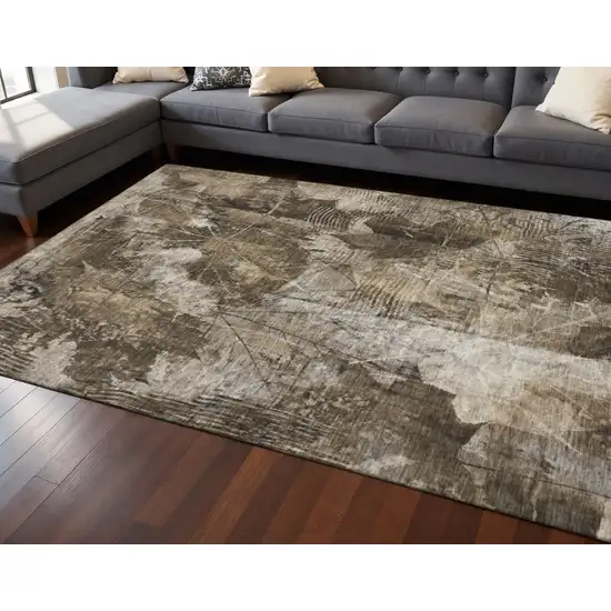 Taupe And Ivory Floral Washable Area Rug With UV Protection Photo 2