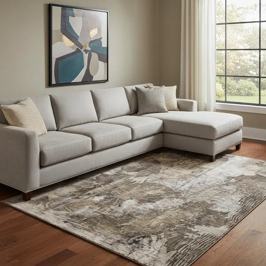 Taupe And Ivory Floral Washable Area Rug With UV Protection Photo 1