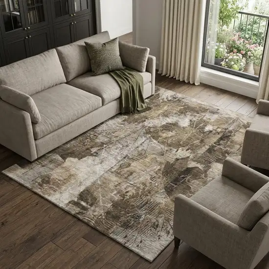 Taupe And Ivory Floral Washable Area Rug With UV Protection Photo 1