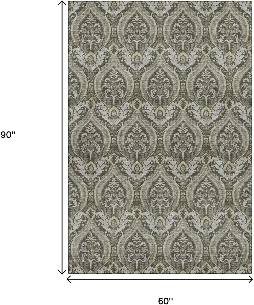 Taupe And Ivory Floral Washable Area Rug With UV Protection Photo 3