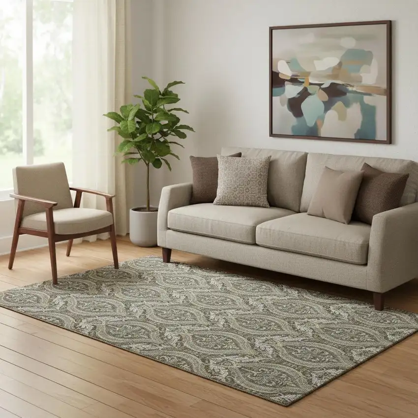 Taupe And Ivory Floral Washable Area Rug With UV Protection Photo 1