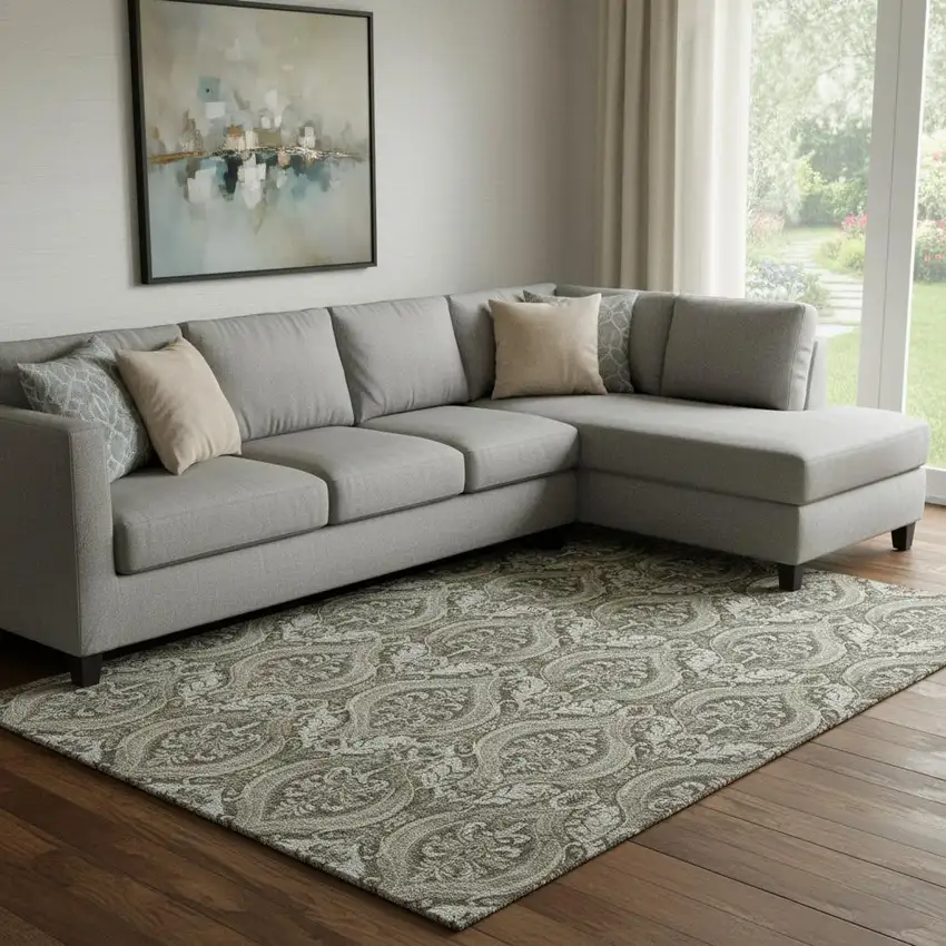 Taupe And Ivory Floral Washable Area Rug With UV Protection Photo 1