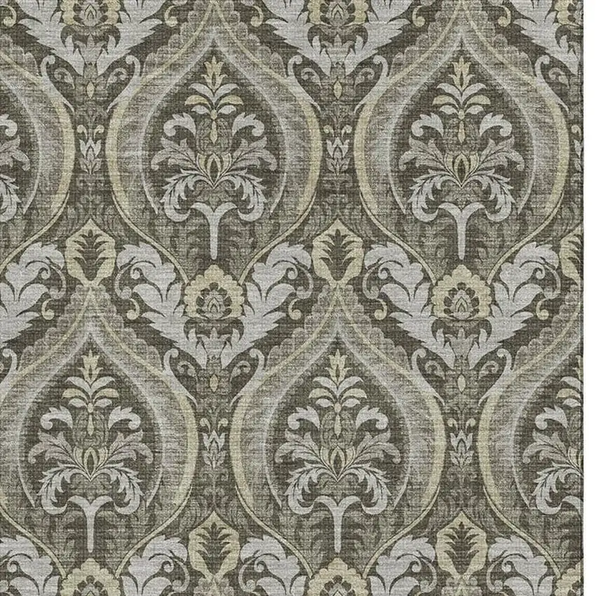 Taupe And Ivory Floral Washable Area Rug With UV Protection Photo 2