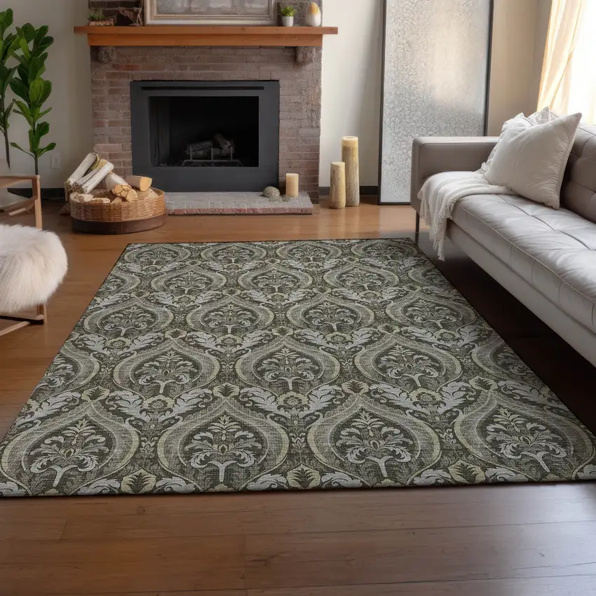 Taupe And Ivory Floral Washable Area Rug With UV Protection Photo 5