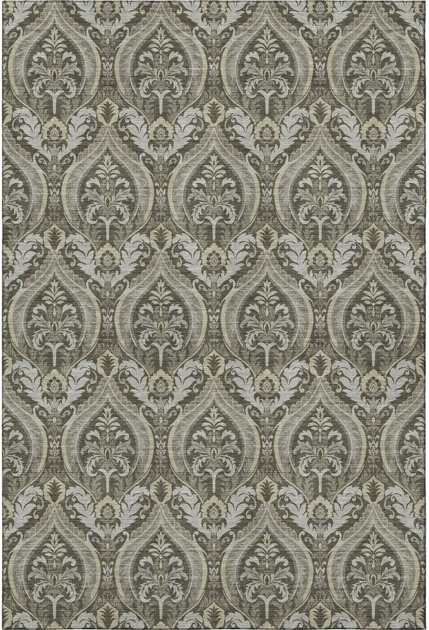 Taupe And Ivory Floral Washable Area Rug With UV Protection Photo 3
