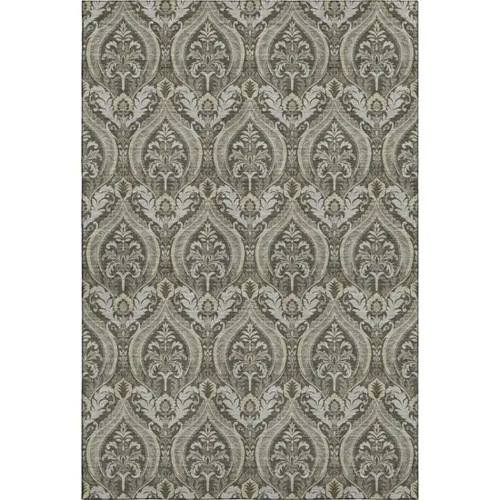 Taupe And Ivory Floral Washable Area Rug With UV Protection Photo 1
