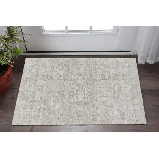 Taupe And Ivory Floral Washable Area Rug With UV Protection Photo 2