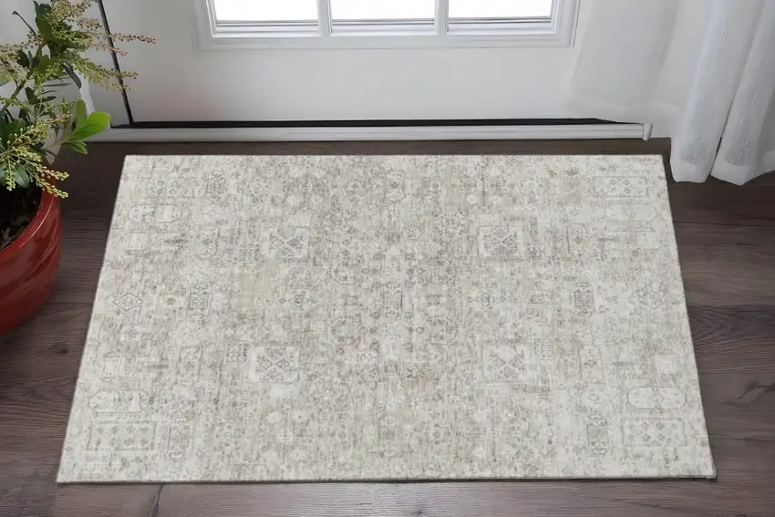 Taupe And Ivory Floral Washable Area Rug With UV Protection Photo 2