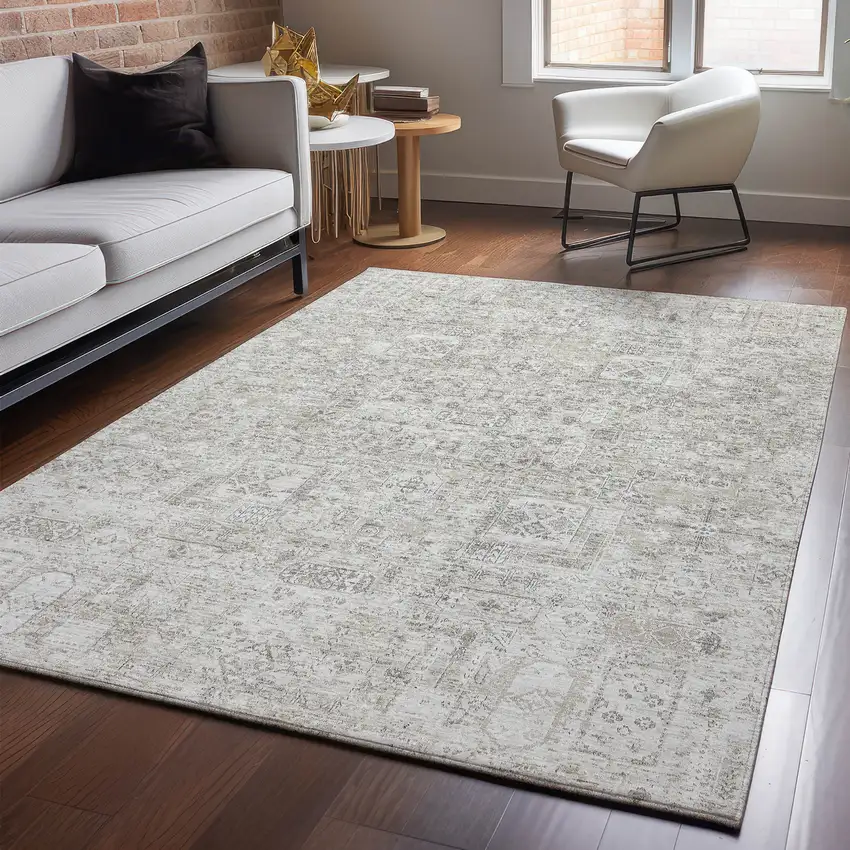 Taupe And Ivory Floral Washable Area Rug With UV Protection Photo 5