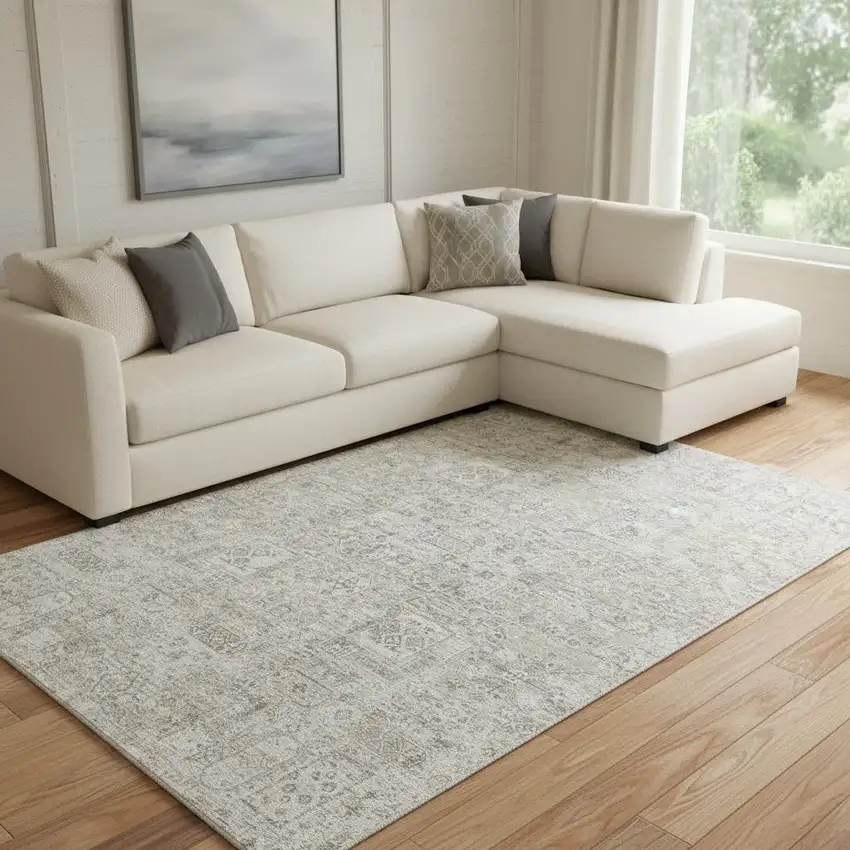 Taupe And Ivory Floral Washable Area Rug With UV Protection Photo 1