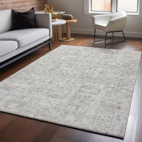 Taupe And Ivory Floral Washable Area Rug With UV Protection Photo 5