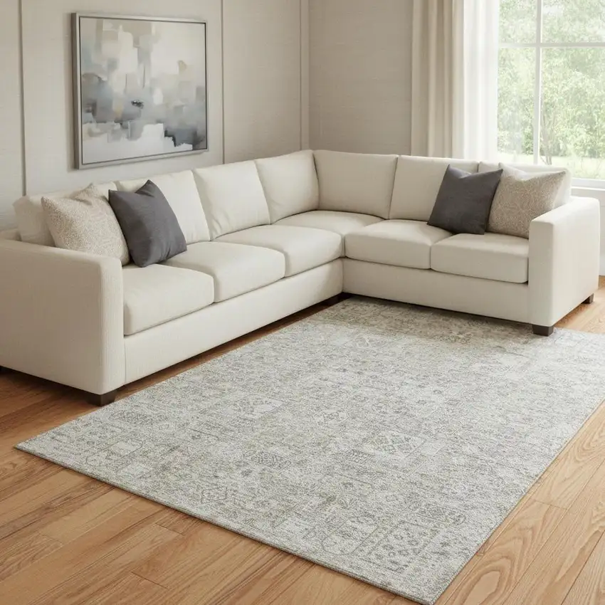 Taupe And Ivory Floral Washable Area Rug With UV Protection Photo 1