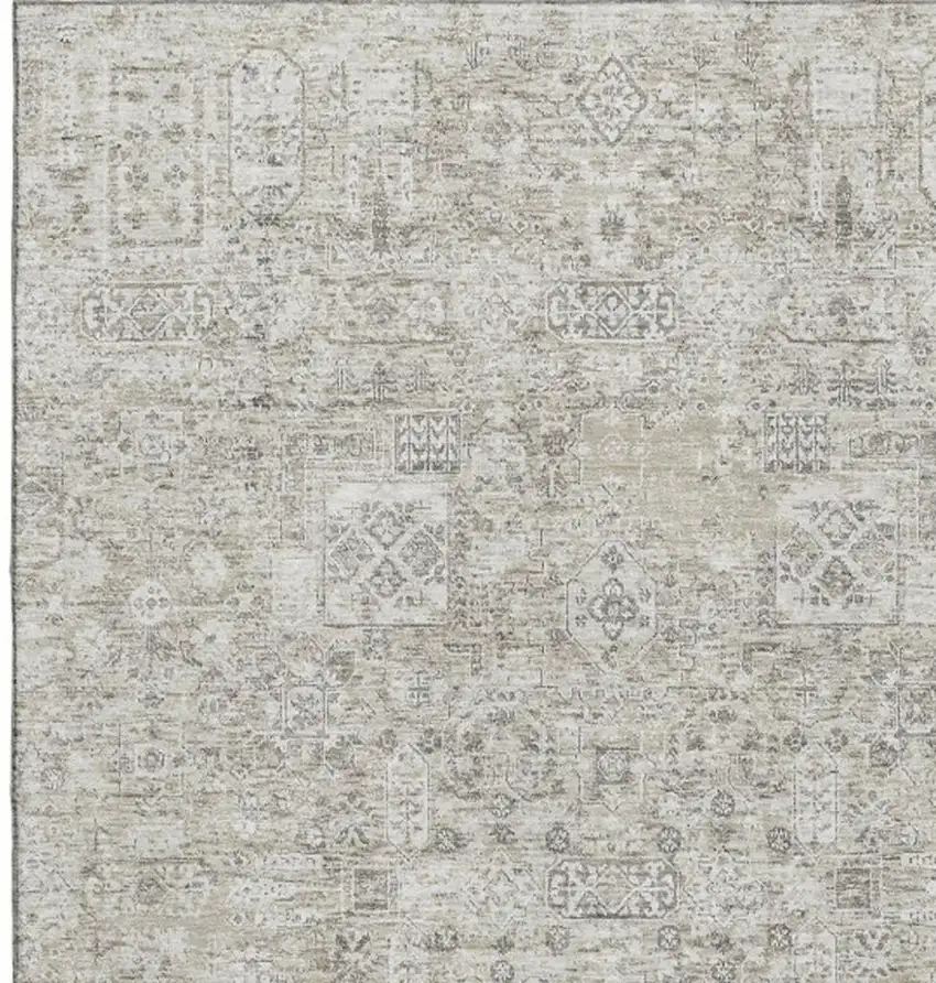 Taupe And Ivory Floral Washable Area Rug With UV Protection Photo 3