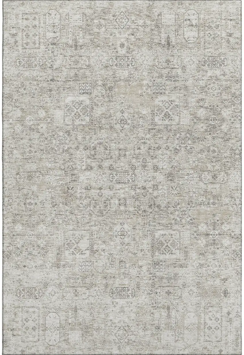 Taupe And Ivory Floral Washable Area Rug With UV Protection Photo 1