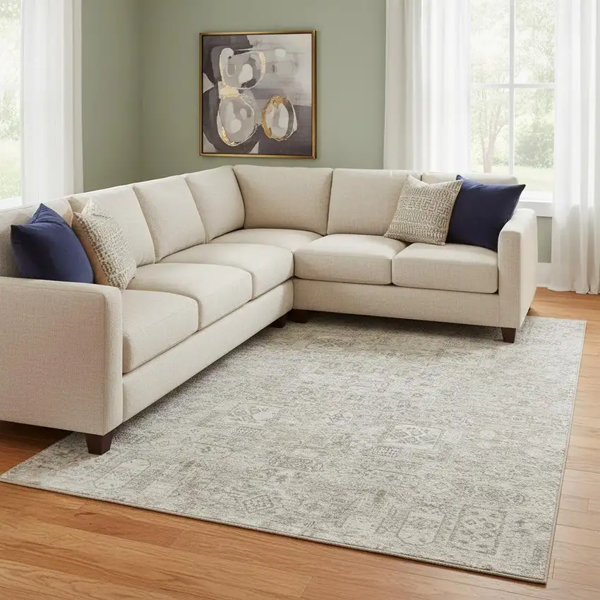 Taupe And Ivory Floral Washable Area Rug With UV Protection Photo 1