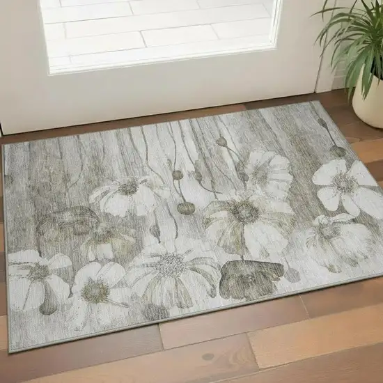 Taupe And Ivory Floral Washable Area Rug With UV Protection Photo 1