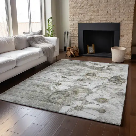 Taupe And Ivory Floral Washable Area Rug With UV Protection Photo 6
