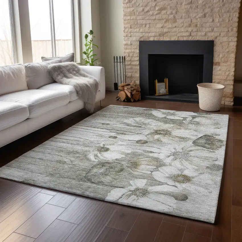 Taupe And Ivory Floral Washable Area Rug With UV Protection Photo 6